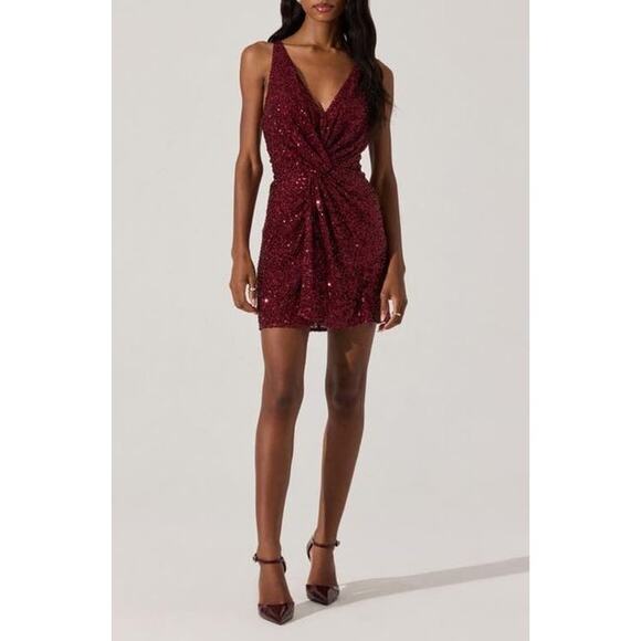 ASTR THE LABEL Sequin Twist Front Mini Dress - Wine - Picture 1 of 6